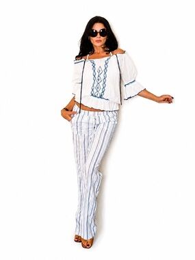 Poupette St. Barth White Embroidered Blue Green Seafoam Vacation Resort Wear M